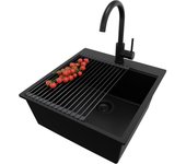 Primagran fregadero granito todo negro 48x50cm, fregadero cocina 1 seno + sifón + accesorios, fregadero sobre encimera al mueble 50cm - oslo