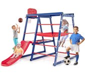Parque infantil 7 en 1 para exteriores con tobogán, red de escalada, aro de baloncesto y red de fútbol, ​​para 3-4 niños 3-7 años, 150 x 142 x 146 cm