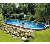 Piscina de acero azuro 9,1x4,6x1,2m, efecto madera, liner, skimmer, tapiz de suelo