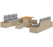 Conjunto de sofá de jardín de 9 piezas con cojines beige de poliratán acacia, sofá de jardín de 2 plazas con cojines beige de poliratán, conjunto de c
