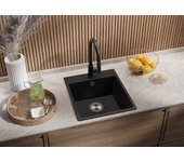 Primagran fregadero cocina grafito 43x50cm, fregadero granito 1 seno + sifón, fregadero sobre encimera al mueble 45cm - riga