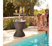 3 en 1 mesa nevera para jardín, 30l cool bar de altura ajustable, mesa de hielo con tapón de drenaje de imitación de ratán, mesa de cóctel de patio pa