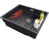 Primagran fregadero bajo encimera grafito 56x47cm, fregadero cocina 1 seno + sifón + enrollable escurridor, fregadero granito al mueble 60cm - prague