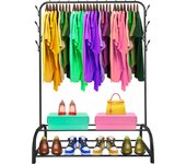 Perchero burro premium rack 2 stand nyana home 158x110x39cm, 1 barra para colgar, 8 ganchos laterales, 2 baldas inferiores negro.