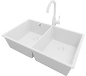 Primagran fregadero granito todo blanco 76x47cm, fregadero cocina 2 senos + sifón + accesorios, fregadero sobre encimera al mueble 80cm