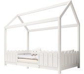 Cama individual casita de madera 90 x 200 cm con protección contra caídas y somier, blanco, sin colchón