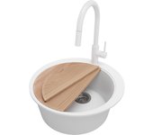Primagran fregadero granito circular blanco 53x53cm, fregadero cocina 1 seno + sifón + accesorios, fregadero sobre encimera al mueble 50cm - pisa max