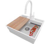 Primagran fregadero granito blanco 58x53cm, fregadero cocina 1 seno + sifón + accesorios, fregadero sobre encimera al mueble 60cm - new york