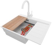 Primagran fregadero granito blanco 62x50cm, fregadero cocina 1 seno + sifón + accesorios, fregadero sobre encimera al mueble 45cm - sydney