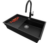 Primagran fregadero bajo encimera negro metallic 76x47cm, fregadero granito 1 seno + sifón + accesorios, fregadero cocina al mueble 80cm - prague