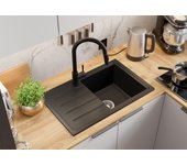 Primagran fregadero cocina negro 70x44cm, fregadero granito 1 seno + sifón, fregadero sobre encimera al mueble 45cm - copenhague easy