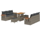 Conjunto de sofá de jardín de 9 piezas con cojines de poliratán gris acacia, conjunto de comedor de jardín de 3 piezas con cojines de poliratán gris a