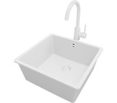 Primagran fregadero granito todo blanco 46x44cm, fregadero cocina 1 seno + sifón + accesorios, fregadero sobre encimera al mueble 50cm