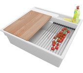 Primagran fregadero cocina todo blanco 58x53cm, fregadero granito 1 seno + sifón + accesorios, fregadero sobre encimera al mueble 60cm - oslo pocket