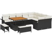 Conjunto de sofá de jardín de 12 piezas con cojines negro poliratán acacia, conjunto de comedor de jardín de 3 piezas con cojines negro poliratán acac