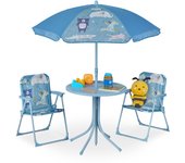 Relaxdays mobiliario infantil jardín, estampado animales, sombrilla de playa, sillas plegables, mesa para niños, azul