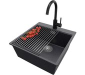 Primagran fregadero granito grafito 48x50cm, fregadero cocina 1 seno + sifón + accesorios, fregadero sobre encimera al mueble 50cm - oslo