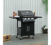 Barbacoa a gas bbq de 3 quemadores, 3 kw, carro móvil con ruedas, mesas laterales y reductor de presión, tubos, 121x55x109 cm