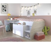 Cama con escritorio y compartimentos - 90 x 190/200 cm - blanco y natural + colchón + somier - gisele