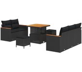Conjunto de sofá de jardín de 8 piezas con cojines en poliratán negro y acacia, conjunto de comedor de jardín de 3 piezas con cojines en poliratán neg