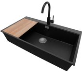 Primagran fregadero granito negro metallic 88x50cm, fregadero cocina 1 seno + sifón + accesorios, fregadero sobre encimera al mueble 90cm - oslo
