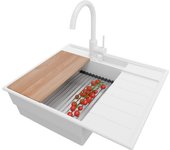 Primagran fregadero granito todo blanco 62x53cm, fregadero cocina 1 seno + sifón + accesorios, fregadero sobre encimera al mueble 45cm