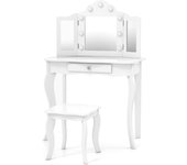 Juego de tocador para niños, mesa de maquillaje para niños con espejo y taburete, luz led de 3 colores, cajón de almacenamiento, mesa de princesa y