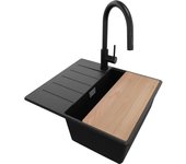 Primagran fregadero granito negro metallic 55x50cm, fregadero cocina 1 seno + sifón + accesorios, fregadero sobre encimera al mueble 40cm