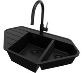 Primagran fregadero granito de esquina todo negro 90x50cm, fregadero cocina 1,5 senos + sifón + accesorios, fregadero sobre encimera al mueble 80cm