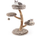 Árbol para gatos de diseño natural en madera maciza, robusto tronco de peral, postes rascadores de yute y bola colgante, con compartimento para gatos