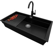 Primagran fregadero bajo encimera negro 86x47cm, fregadero granito 1 seno + sifón + accesorios, fregadero cocina al mueble 90cm - prague