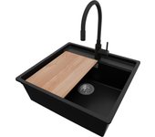 Primagran fregadero bajo encimera negro 56x53cm, fregadero granito 1 seno + sifón + accesorios, fregadero cocina al mueble 60cm - bergen
