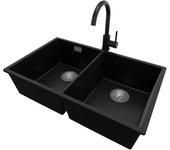 Primagran fregadero granito negro 76x47cm, fregadero cocina 2 senos + sifón + accesorios, fregadero sobre encimera al mueble 80cm - london slim twin