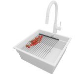 Primagran fregadero granito todo blanco 46x47cm, fregadero cocina 1 seno + sifón + accesorios, fregadero sobre encimera al mueble 50cm - prague slim