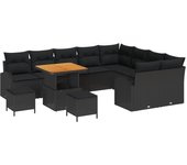 Conjunto de sofás de jardín de 12 piezas con cojines negro poliratán acacia, conjunto de comedor de jardín de 3 piezas con cojines negro poliratán aca