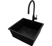Primagran fregadero granito todo negro 46x44cm, fregadero cocina 1 seno + sifón + accesorios, fregadero sobre encimera al mueble 50cm