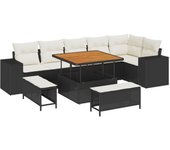 Conjunto de sofás de jardín de 9 piezas con cojines de poliratán negro acacia, conjunto de comedor de jardín de 3 piezas con cojines de poliratán negr