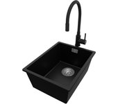 Primagran fregadero bajo encimera negro 36x47cm, fregadero granito 1 seno + grifo 40x13cm + sifón, fregadero cocina al mueble 40cm - london