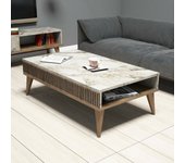 Mesa de café atrani, mesa de centro baja, revistero para sofá, estante de la sala de estar, 105x60h35 cm, nogal y blanco