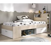 Cama con cabecero con compartimentos y cajón - 90 x 190 cm - blanco y natural + colchón + somier - leandre
