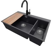 Primagran fregadero granito grafito 78x50cm, fregadero cocina 2 senos + sifón + accesorios, fregadero sobre encimera al mueble 80cm - oslo duo