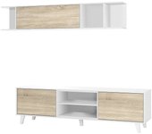Sistema de pared aslan, mueble de salón con soporte para tv, composición de salón con mueble alto, 180x41h51 cm, blanco y roble