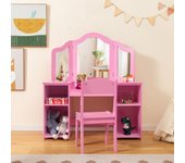 Mesa de tocador y silla infantil con espejo tri-plegable removible y 4 cajones rosa