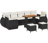 Conjunto de sofá de jardín de 10 piezas con cojines de poliratán negro y acacia, conjunto de comedor de jardín de 3 piezas con cojines de poliratán ne