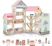 Casa de muñecas de esquina, casa de muñecas de madera de 3 pisos con 7 habitaciones, 42 accesorios, balcón real, mansión para muñecas de 15 cm,