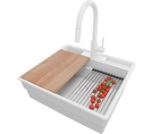Primagran fregadero granito todo blanco 58x53cm, fregadero cocina 1 seno + sifón + accesorios, fregadero sobre encimera al mueble 60cm - new york