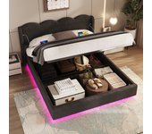 Cama con cabecero y canapé de 140 x 200 cm - tomas usb, tipo c y led - veours - negro (sin colchón)