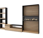 Muebles de salón para tv, 320x35x186cm, chimenea eléctrica, roble y negro