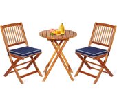 Juego de 3 piezas de jardín plegable, 2 cojines+2 sillas+1 mesa de madera de acacia, muebles de jardín de madera, mesa y silla de exterior (azul)