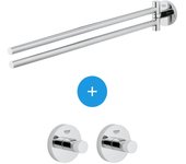 Grohe essentials juego de 2 ganchos de pared ocultos + toallero metálico doble (40364001 + 40371001)